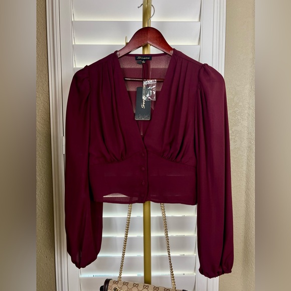 NWT~Burundy Balloon Sleeve Blouse Sz S, by Shinestar - Picture 5 of 9